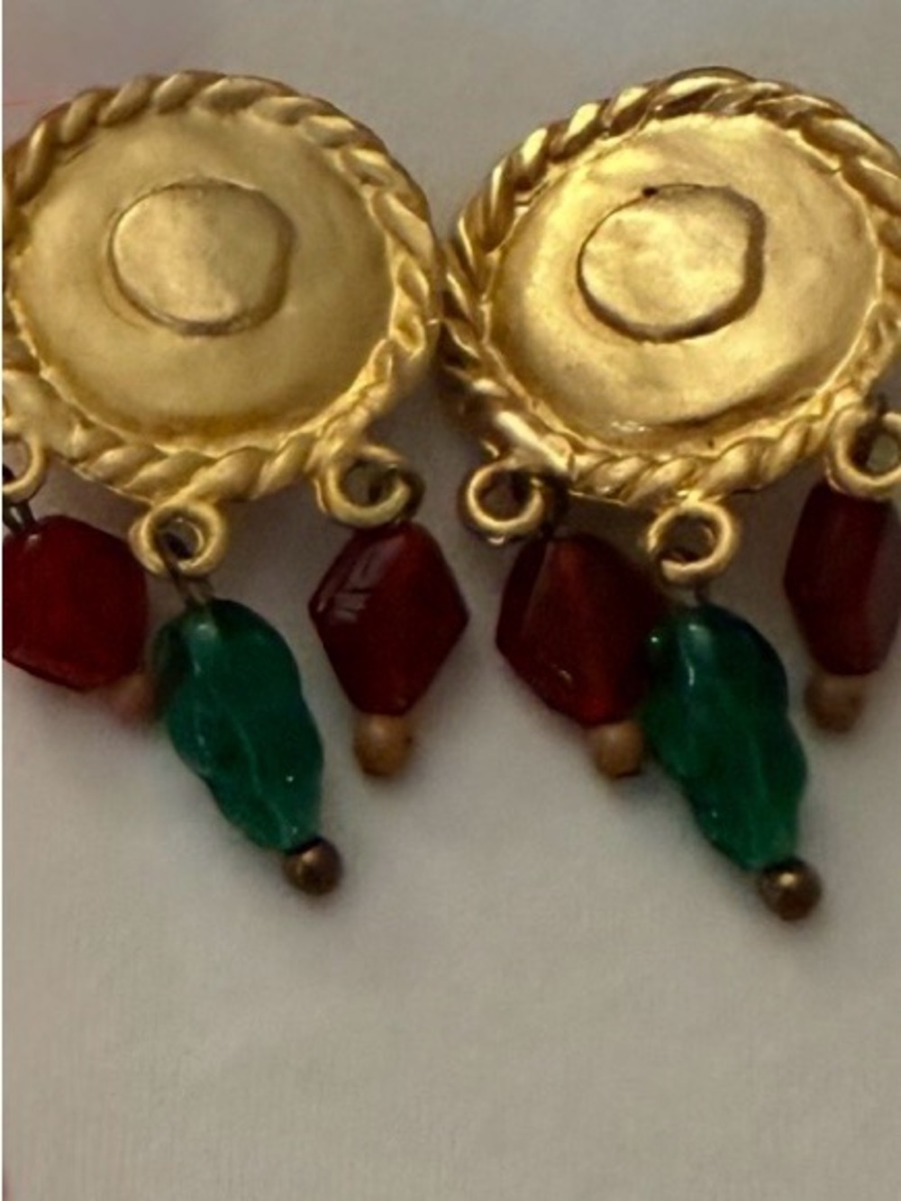 EUVC Gold Tone CLIP Earrings with Festive Dangling Red and Green Beads